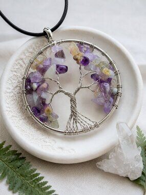 Amethyst Tree of Life Pendant Necklace Silver Plated Cottagecore Adj 17"